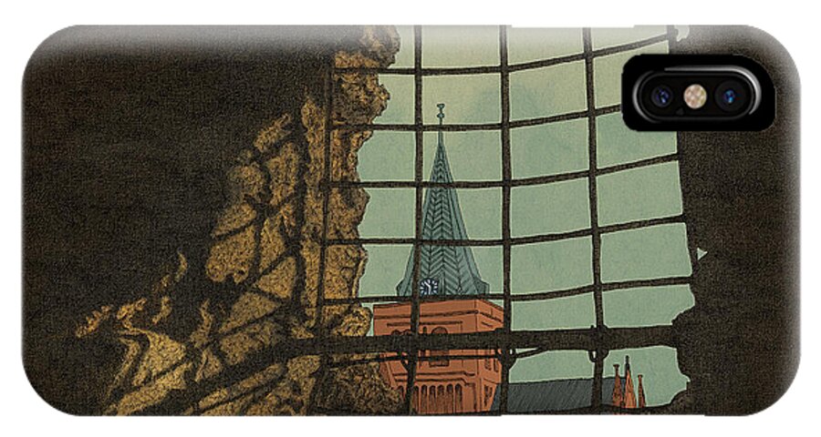 Castle Bars Cathedral Shadow Light Rock iPhone X Case featuring the drawing From a Castle by Meg Shearer