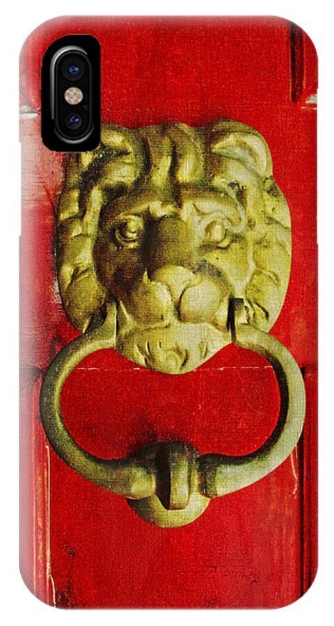 Red iPhone X Case featuring the photograph Golden Brass Lion on Red Door by Brooke T Ryan