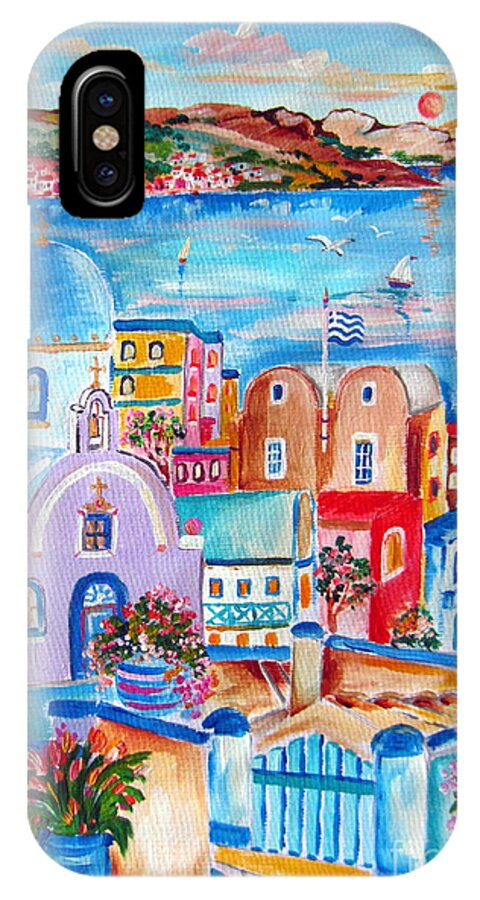 Santorini iPhone X Case featuring the painting Greek Flag in Santorini by Roberto Gagliardi
