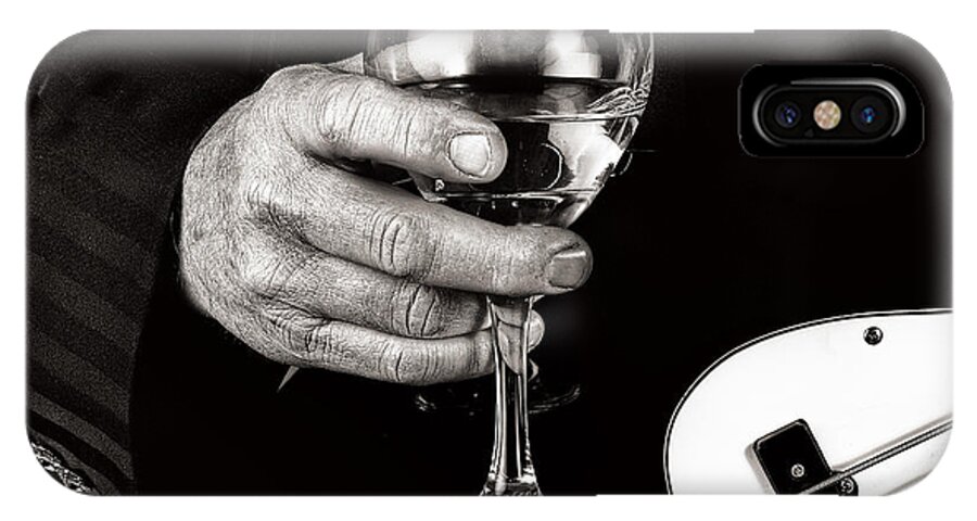 � Jamesdavidphenicie; Photograph; Horizontal; Performer; Singer; Player; Male; Hand; Glass; Drink; Refreshment; Instrument; Guitar; Black And White; Hand; Finger; Nikond2x; Lucisart iPhone X Case featuring the photograph Guitar Player and a glass of Wine by James David Phenicie