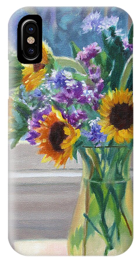 Sunflowers iPhone X Case featuring the painting Here Comes the Sun- Sunflowers by the Window by Bonnie Mason