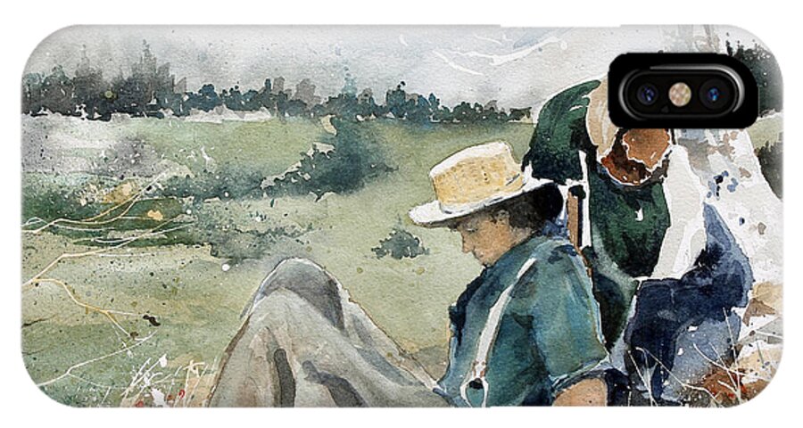 A Young Backpacker Takes A Brief Nap During His Trek Through The Rocky Mountains. iPhone X Case featuring the painting High Country Rest Stop by Monte Toon