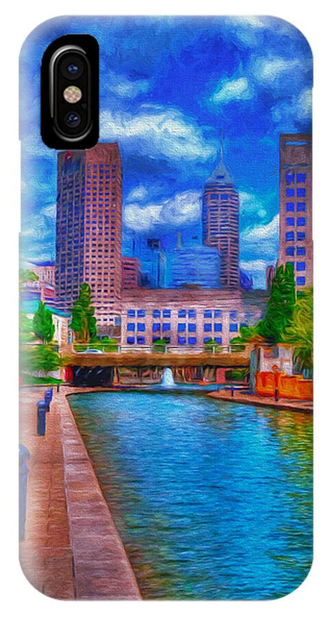 Indianapolis iPhone X Case featuring the photograph Indianapolis Skyline Canal View Digitally Painted Blue by David Haskett II