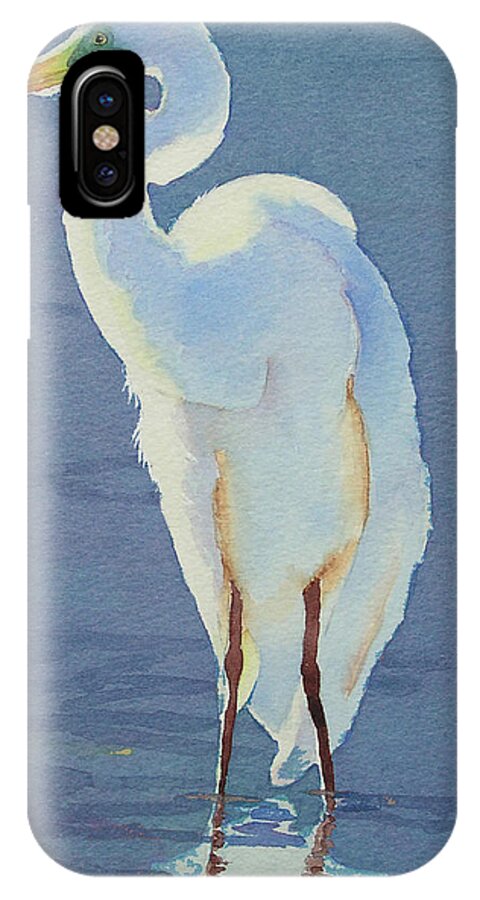 White Heron On Blue Background iPhone X Case featuring the painting Into the Light by Judy Mercer