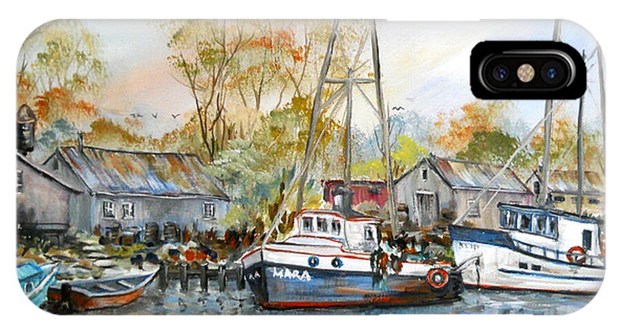 Marina iPhone X Case featuring the painting It is a busy day here at the marina by Dorothy Maier