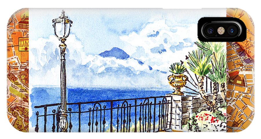 Italy iPhone X Case featuring the painting Italy Sketches Sorrento View On Volcano Vesuvius by Irina Sztukowski