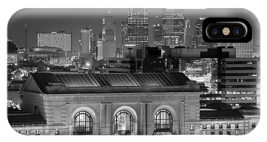 Kansas City iPhone X Case featuring the photograph Kansas City Skyline at Night KC Downtown Black and White BW Panorama by Jon Holiday