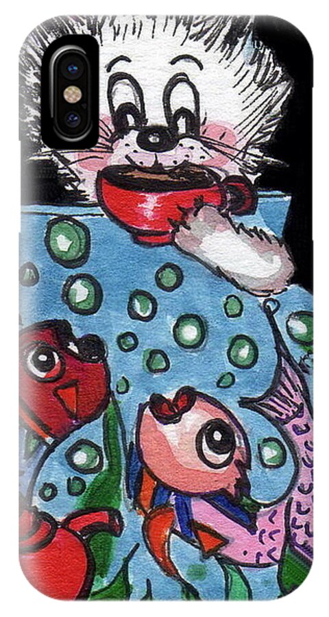 Kitty And Fish iPhone X Case featuring the painting Kitty has tea and chat with friends.  by Joyce Gebauer