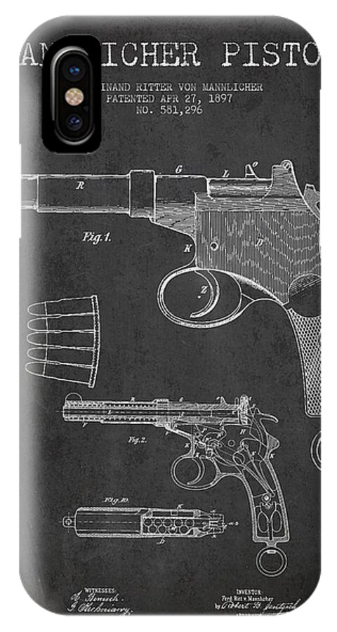 Revolver iPhone X Case featuring the digital art Mannlicher Pistol Patent Drawing from 1897 - Dark by Aged Pixel