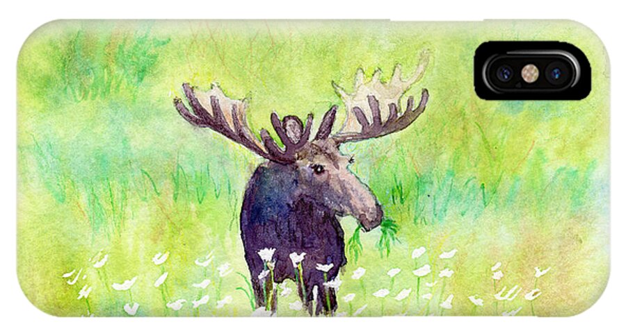 C Sitton Painting Paintings iPhone X Case featuring the painting Moose in Flowers by C Sitton
