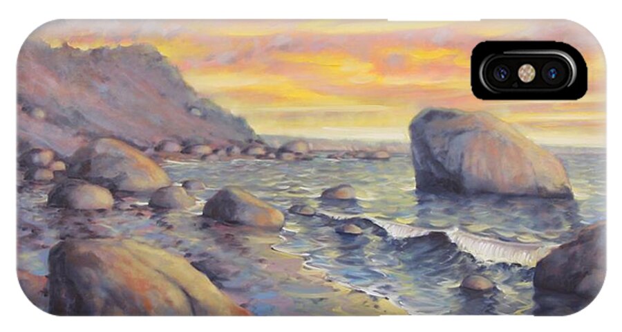 This Is A Seascape Painting Of The Sun Setting Over A North Fork Beach iPhone X Case featuring the painting North Fork Sunset by Gary M Long