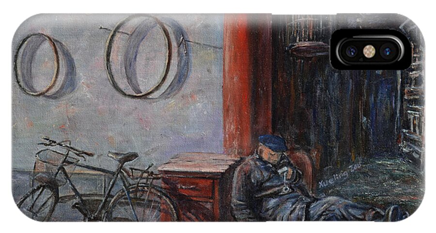 Ancient iPhone X Case featuring the painting Old Man and His Bike by Xueling Zou