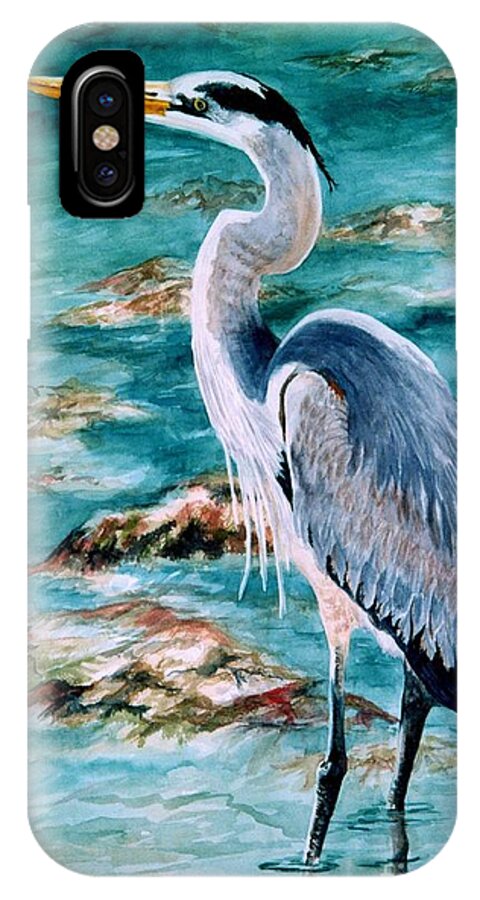 Great Blue Heron iPhone X Case featuring the painting On the Rocks Great Blue Heron by Roxanne Tobaison