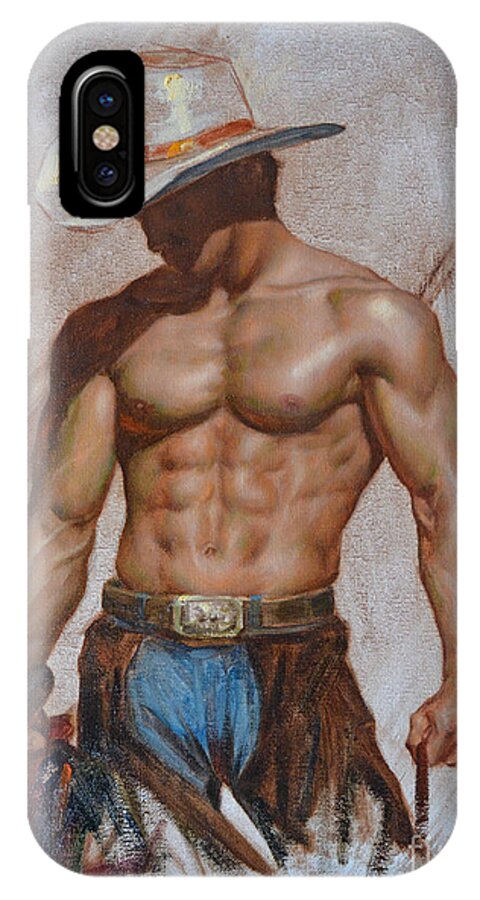 Original.oil Painting iPhone X Case featuring the painting Original Oil Painting Gay Man Body Art-cowboy#16-2-5-19 by Hongtao Huang