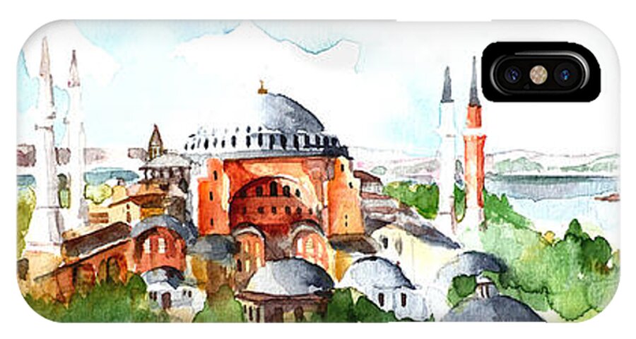Hagia Sophia iPhone X Case featuring the painting Panoramic Hagia Sophia in Istanbul by Faruk Koksal