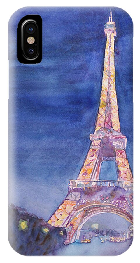 Paris Giant Watercolor Eiffel Tower Night Lighted Blue Gold Yellow Drama Dramatic Time Evening Wet Rain Rainy Dark France iPhone X Case featuring the painting Paris Giant by Jenny Armitage