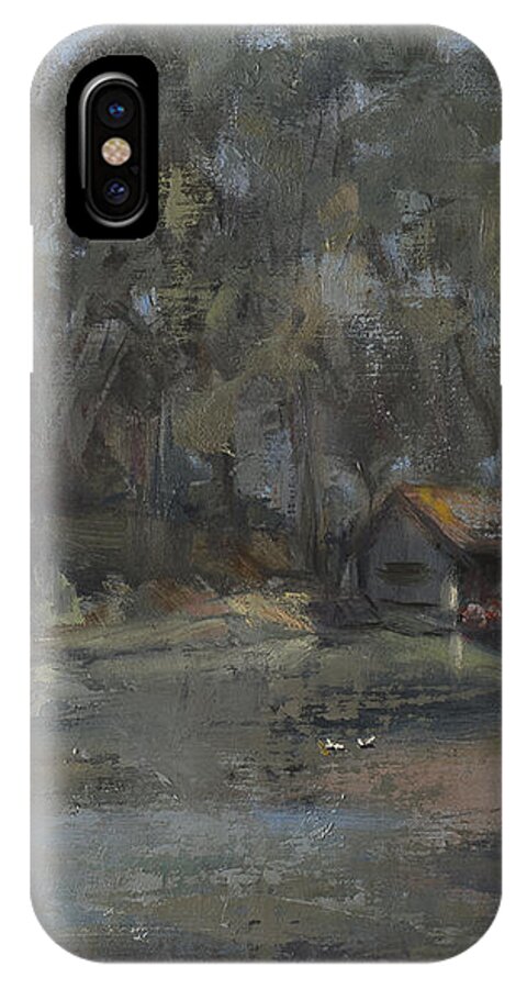 Landscape iPhone X Case featuring the painting Park Pond and Boat House by Joyce Snyder