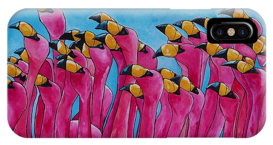 Flamingos iPhone X Case featuring the painting Peace Love And Flamingos by Patti Schermerhorn