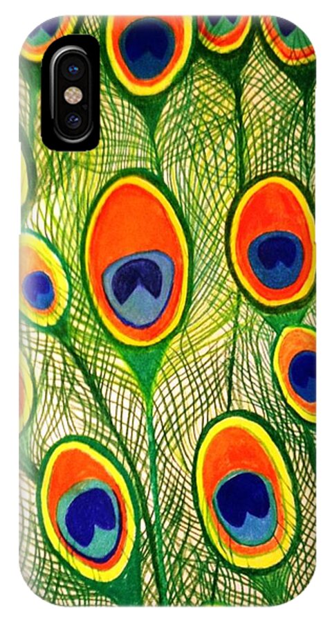 Peacock Feathers iPhone X Case featuring the drawing Peacock Feather Frenzy by Renee Michelle Wenker