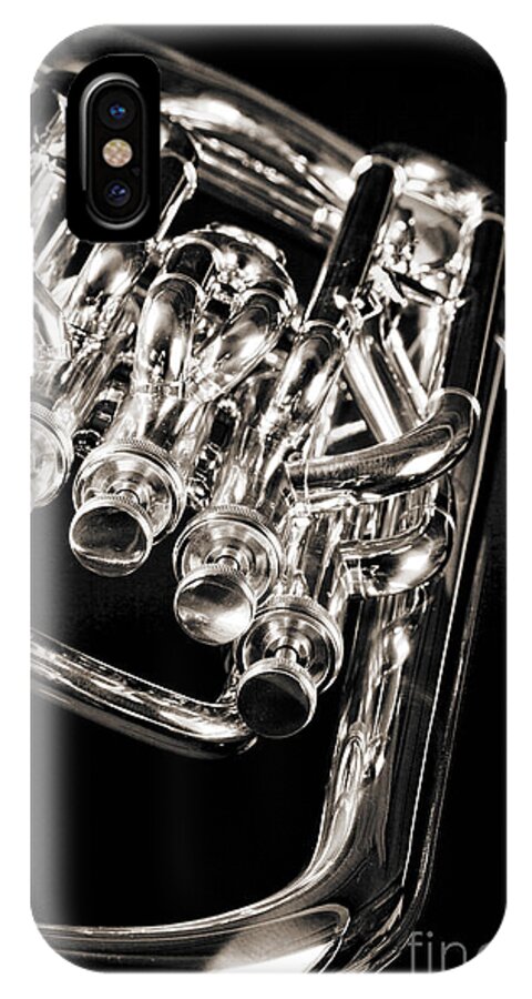 Tuba iPhone X Case featuring the photograph Photograph of a music tuba brass instrument in sepia 3284.01 by M K Miller