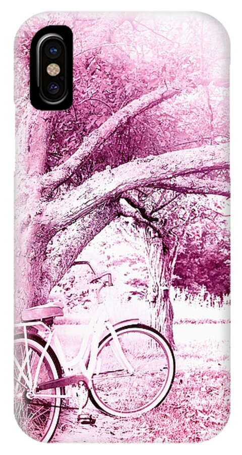Lens Flare iPhone X Case featuring the photograph Pink Bicycle by Stephanie Frey