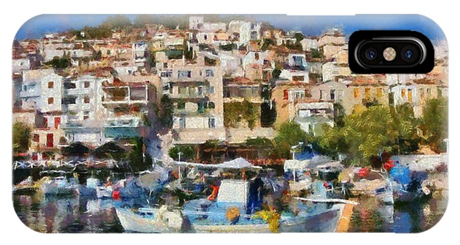 Lesvos; Lesbos; Plomari; City; Town; Port; Harbor; House; Houses; Color; Colorful; Colour; Colourful; Islands; Sea; Greece; Greek; Island; Hellas; Aegean; Summer; Holidays; Vacation; Tourism; Touristic; Travel; Trip; Voyage; Journey; Paint; Painting; Paintings; Boat; Boats; Fishing iPhone X Case featuring the painting Plomari town by George Atsametakis