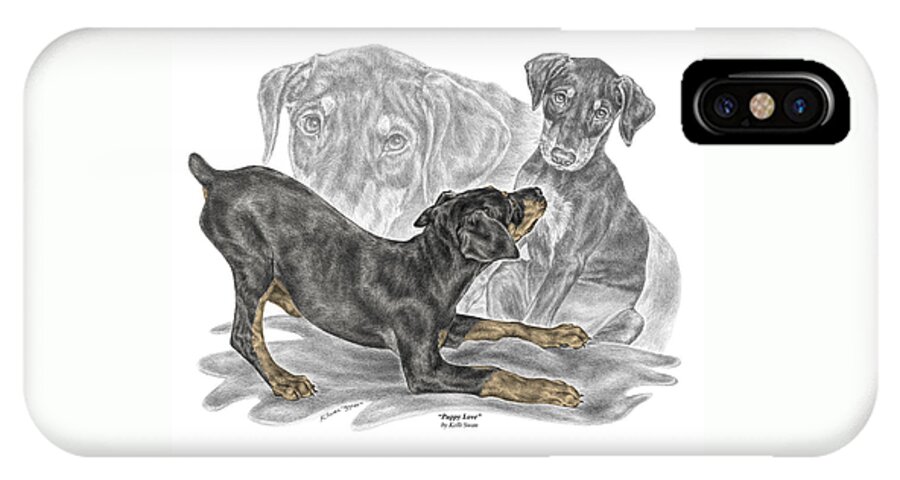 Black And Tan Doberman iPhone X Case featuring the drawing Puppy Love - Doberman Pinscher Pup - color tinted by Kelli Swan