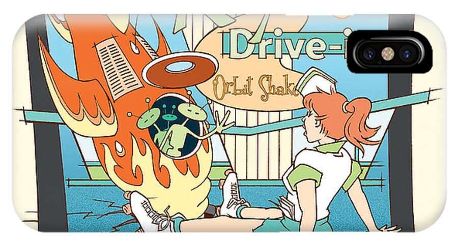 Mid Century iPhone X Case featuring the drawing Ray's Drive-in - redhead by Larry Hunter
