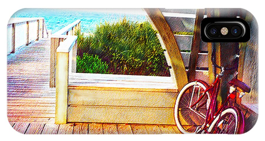 Bike iPhone X Case featuring the digital art Red Bike On Beach Boardwalk by Jane Schnetlage