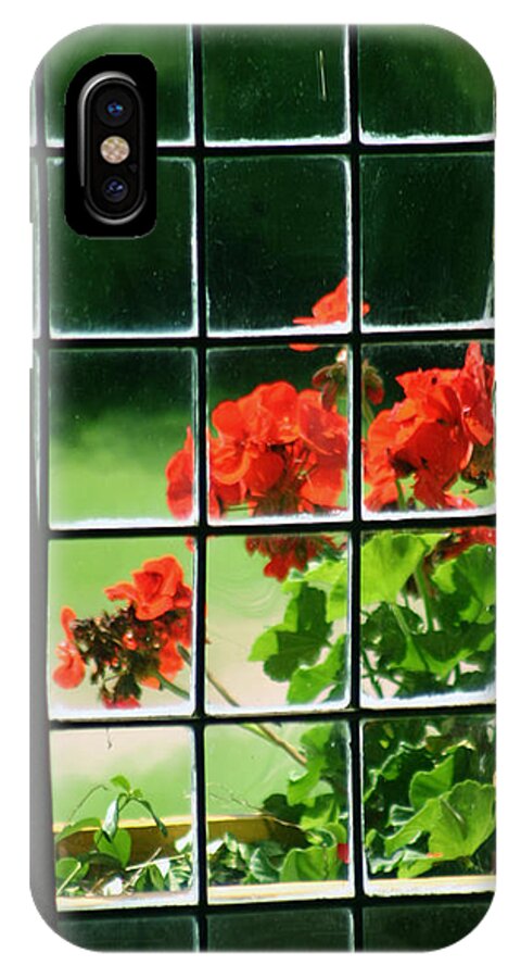 Plants iPhone X Case featuring the photograph Red Geranium Through Leaded Window by Art MacKay