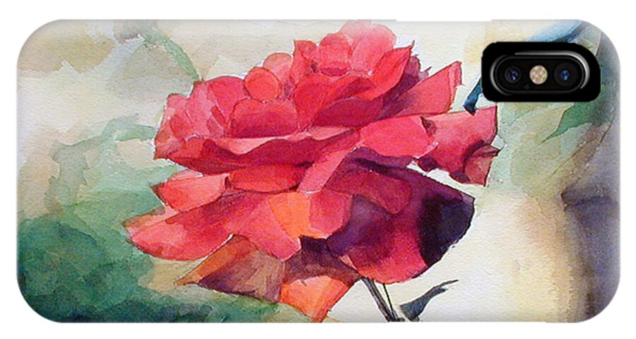Red Rose iPhone X Case featuring the painting Watercolor of a Single Red Rose on a Branch by Greta Corens