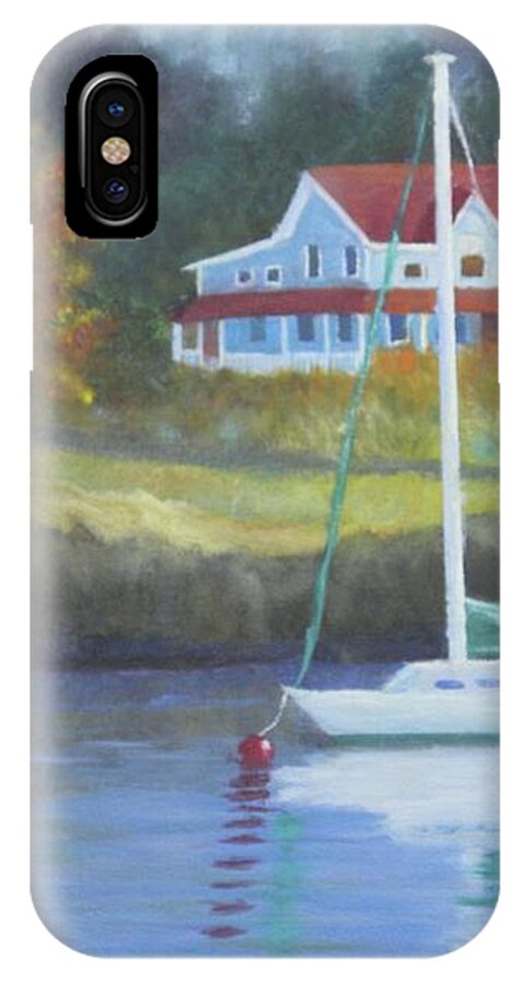 Seascape Landscape Ocean Cottage Rocky Coast Sail Boat Anchor Harbor Long Cove Fog iPhone X Case featuring the painting Safe Harbor by Scott W White