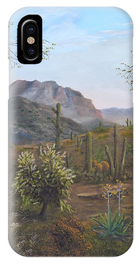 Saguaro iPhone X Case featuring the painting Saguaro Sunrise by William Stewart