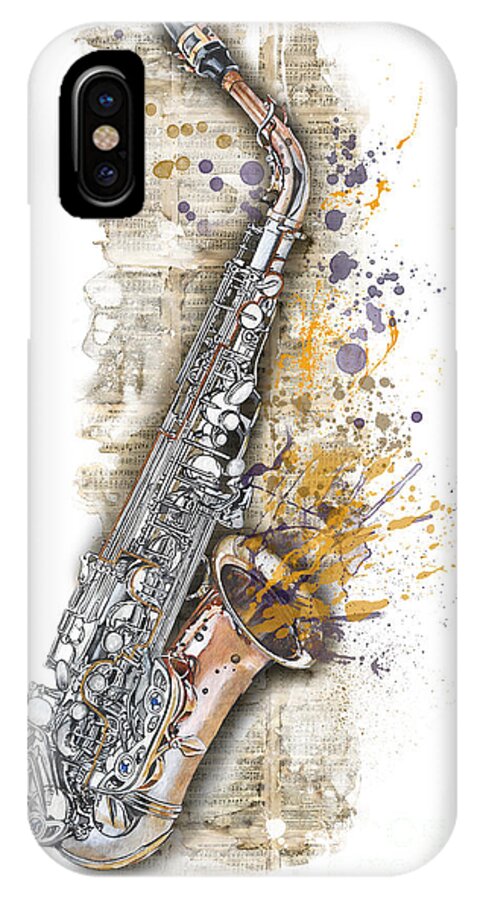 Jazz iPhone X Case featuring the painting Saxophone 02 - Elena Yakubovich by Elena Daniel Yakubovich