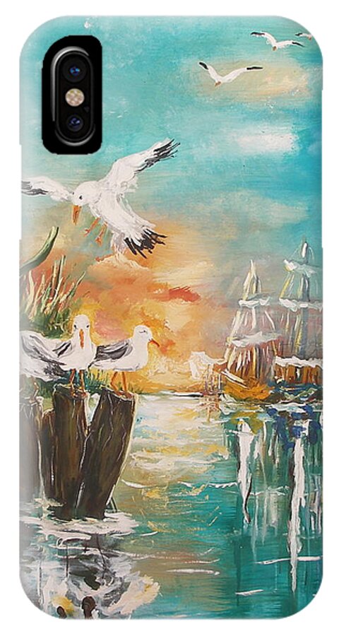 Seagull At Rest Bird Ocean Water Wave Evening Ship Marine Clouds Sky Seaweed Reflection Abstract Painting Print Blue Wood Boat Sail iPhone X Case featuring the painting Seagull At Rest by Miroslaw Chelchowski