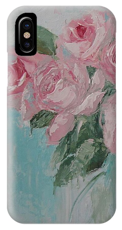 Pink Roses iPhone X Case featuring the painting Shabby Chic Pink Roses Oil Palette Knife Painting by Chris Hobel
