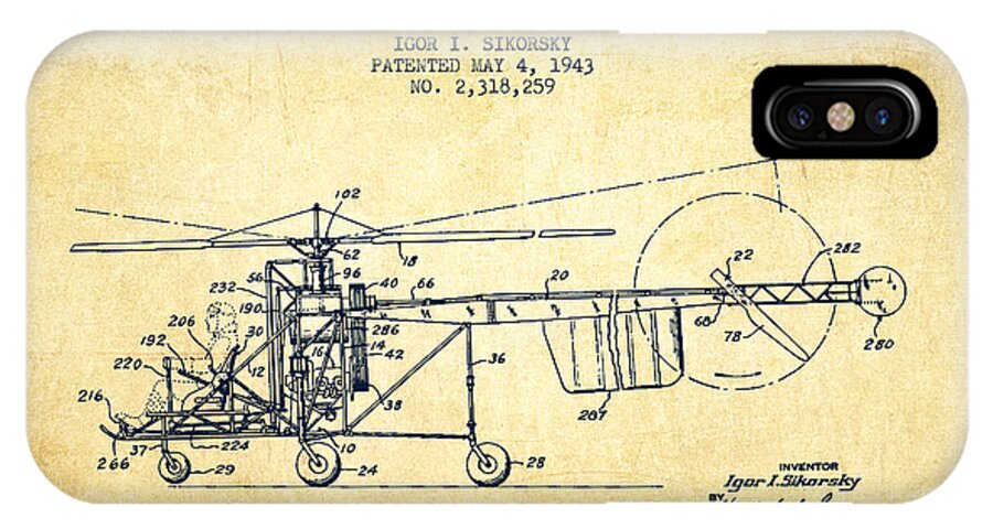 Helicopter iPhone X Case featuring the digital art Sikorsky Helicopter patent Drawing from 1943-Vintgae by Aged Pixel
