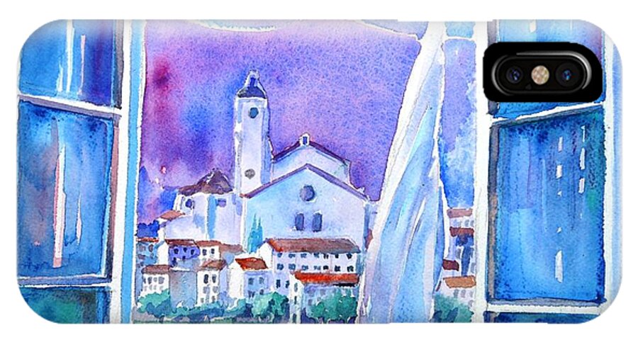 Spanish Fishing Village iPhone X Case featuring the painting Spanish Window in Cadaques and the Church of Santa Maria by Trudi Doyle