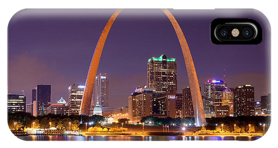 St. Louis Skyline iPhone X Case featuring the photograph St. Louis Skyline at Night Gateway Arch Color Panorama Missouri by Jon Holiday