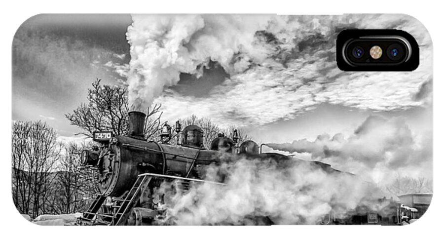 Canadian National Railway #7470 iPhone X Case featuring the photograph Steam in the Snow Black and White Version by Thomas Lavoie