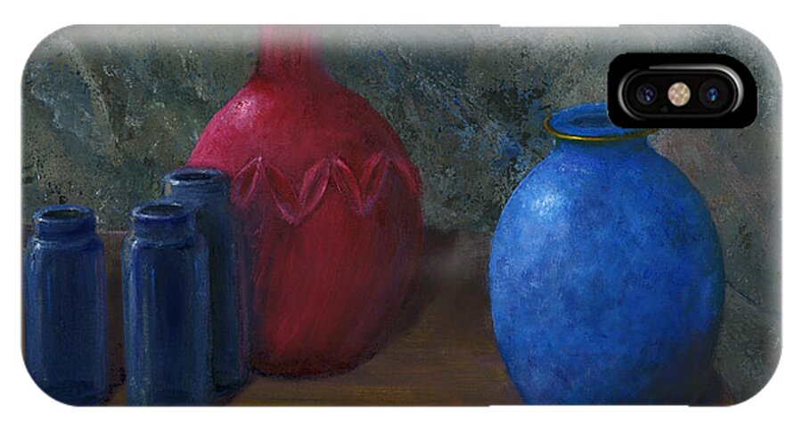 Stone iPhone X Case featuring the painting Still Life Art Blue and Red Jugs and Bottles by Lenora De Lude