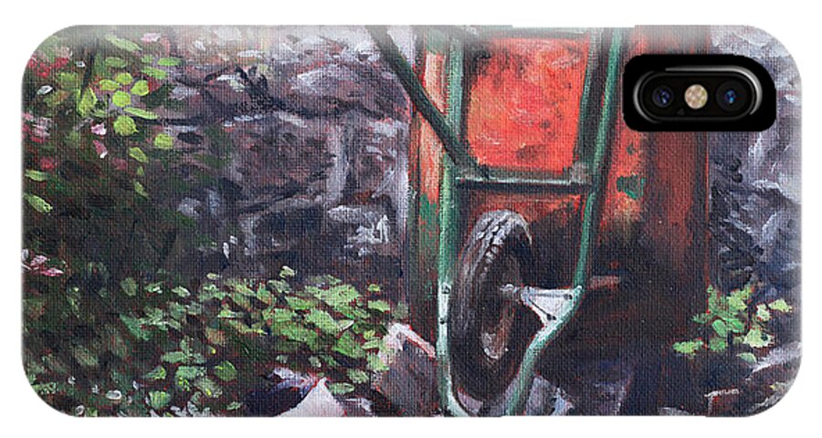 Still Life iPhone X Case featuring the painting Still life wheelbarrow with collection of pots by stone wall by Martin Davey