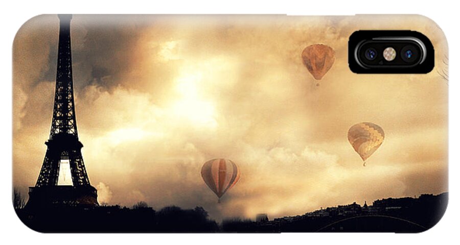 Paris iPhone X Case featuring the photograph Paris Eiffel Tower Storm Clouds Sunset Sepia Hot Air Balloons by Kathy Fornal