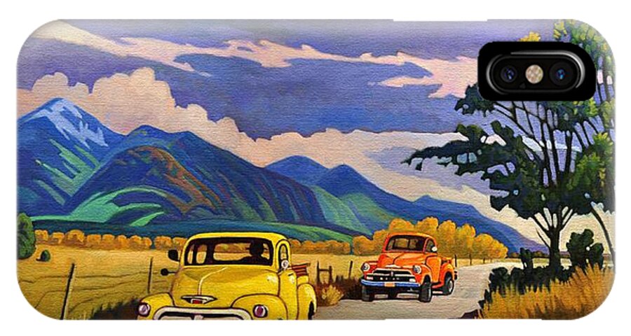Vintage iPhone X Case featuring the painting Taos Joy Ride with Yellow and Orange Trucks by Art West