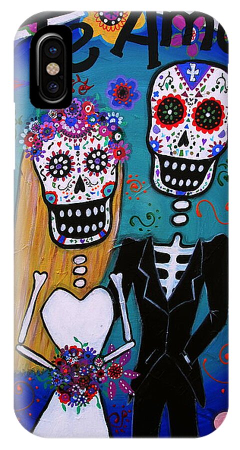 Wedding Couple Day Of The Dead Dia De Los Muertos Anniversary Gift Te Amo Prisarts Pristine Cartera Turkus Bride Flowers Blooms Love Mexican Art Folk Town For Sale Original Blond Lady Bride And Groom Heart Outdoor Beach Affair Love Special Day iPhone X Case featuring the painting Te Amo Wedding Dia De Los Muertos by Pristine Cartera Turkus