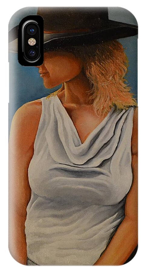 A Portrait Of A Woman Wearing A Black Cowboy Hat And White Blouse With Blue Jeans. iPhone X Case featuring the painting Texas Rose by Martin Schmidt