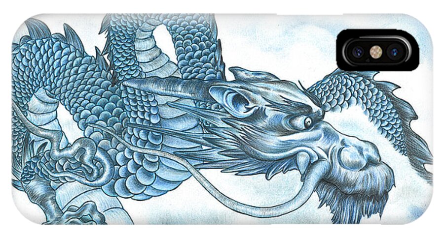 Blue Dragon iPhone X Case featuring the drawing The Blue Dragon by Troy Levesque