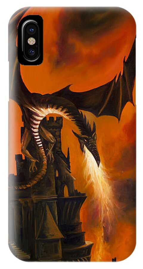 Fantasy; James Christopher Hill; James Hill Gallery; Red; Sunrise; Sunset; Power; Glory; Cloudscape; Skyscape; Purple; Blue; Landscape; Mid-evil; Storm; Tornado; Lightning; Dragon; Sky; Gothic; Castle; Germany iPhone X Case featuring the painting The Dragon's Tower by James Hill