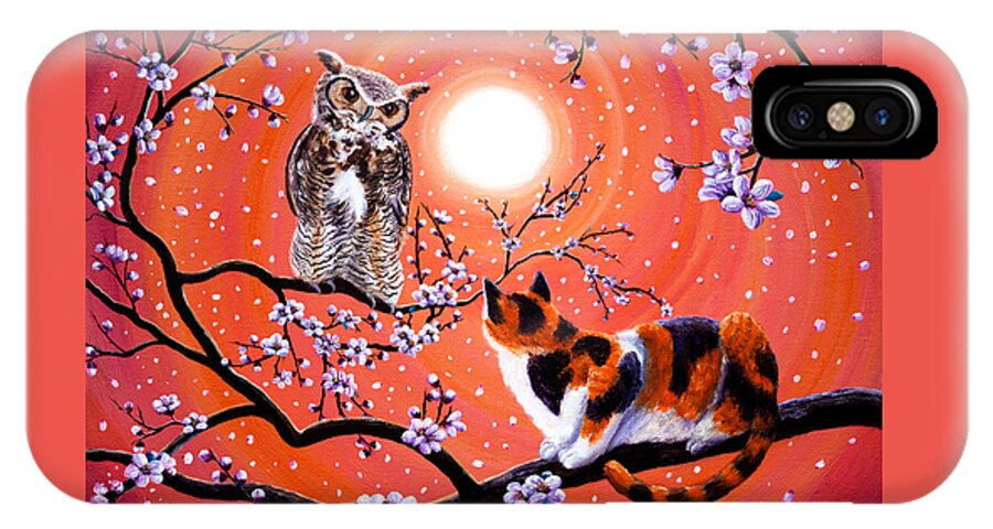 Peach iPhone X Case featuring the painting The Owl and the Pussycat in Peach Blossoms by Laura Iverson