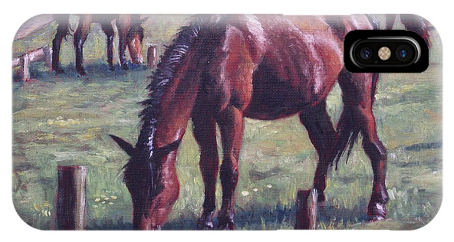 Horse iPhone X Case featuring the painting Three New Forest Horses On Grass by Martin Davey